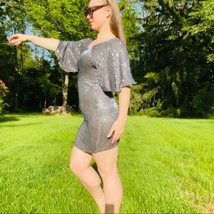 PARKER BLACK Cocktail Dress in Silver Silk Bridesmaid Sequins Embellished
